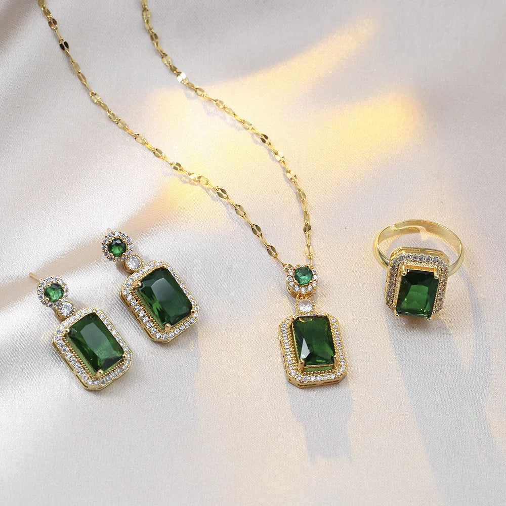 Exquisite Quadrate Rhinestone Necklace Earrings & Ring Jewellery Set