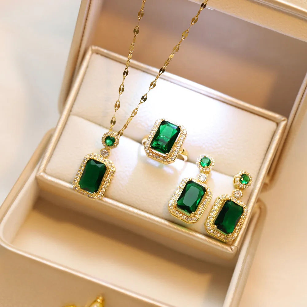 Exquisite Quadrate Rhinestone Necklace Earrings & Ring Jewellery Set