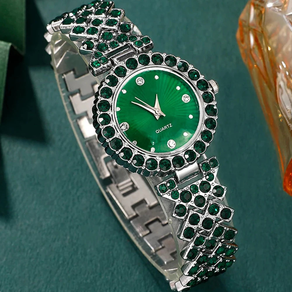 Luxury Women's Quartz Watch & Heart Rhinestone Jewellery Set