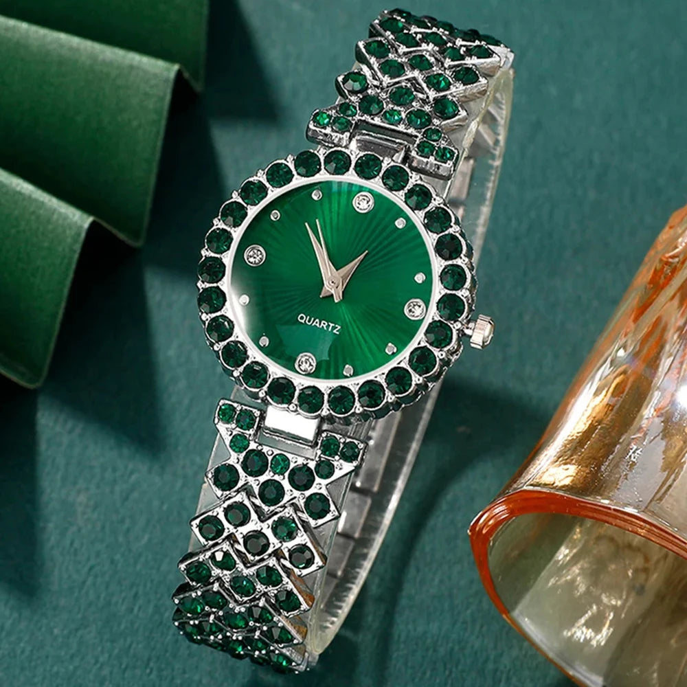 Luxury Women's Quartz Watch & Heart Rhinestone Jewellery Set
