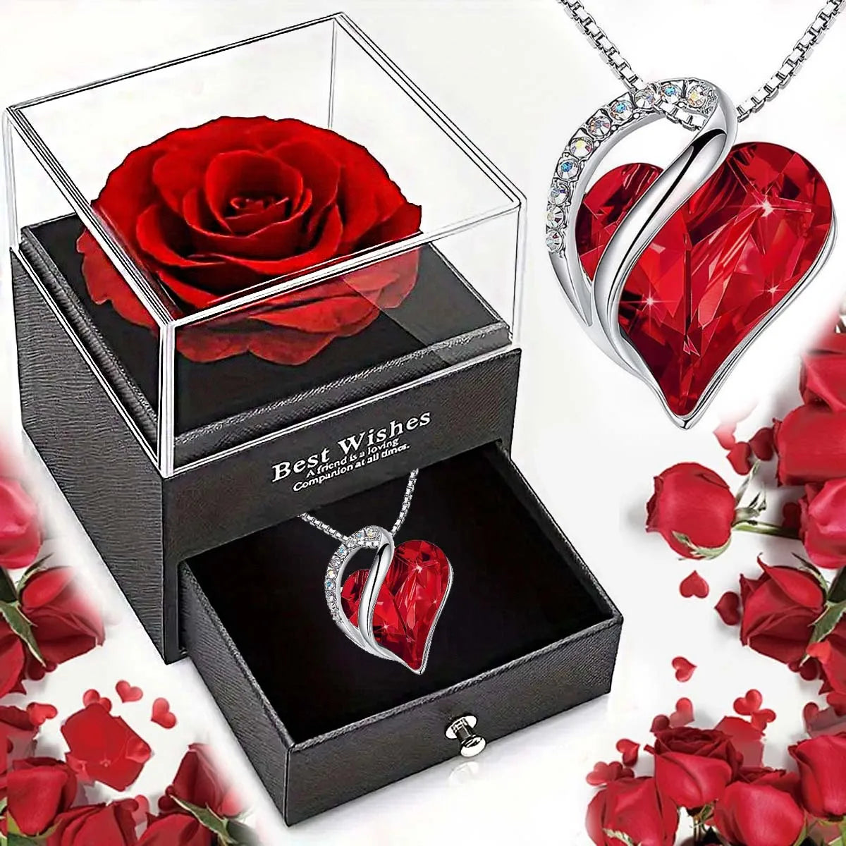 Ocean Heart Pendant Necklace with Eternal Rose Gift Box