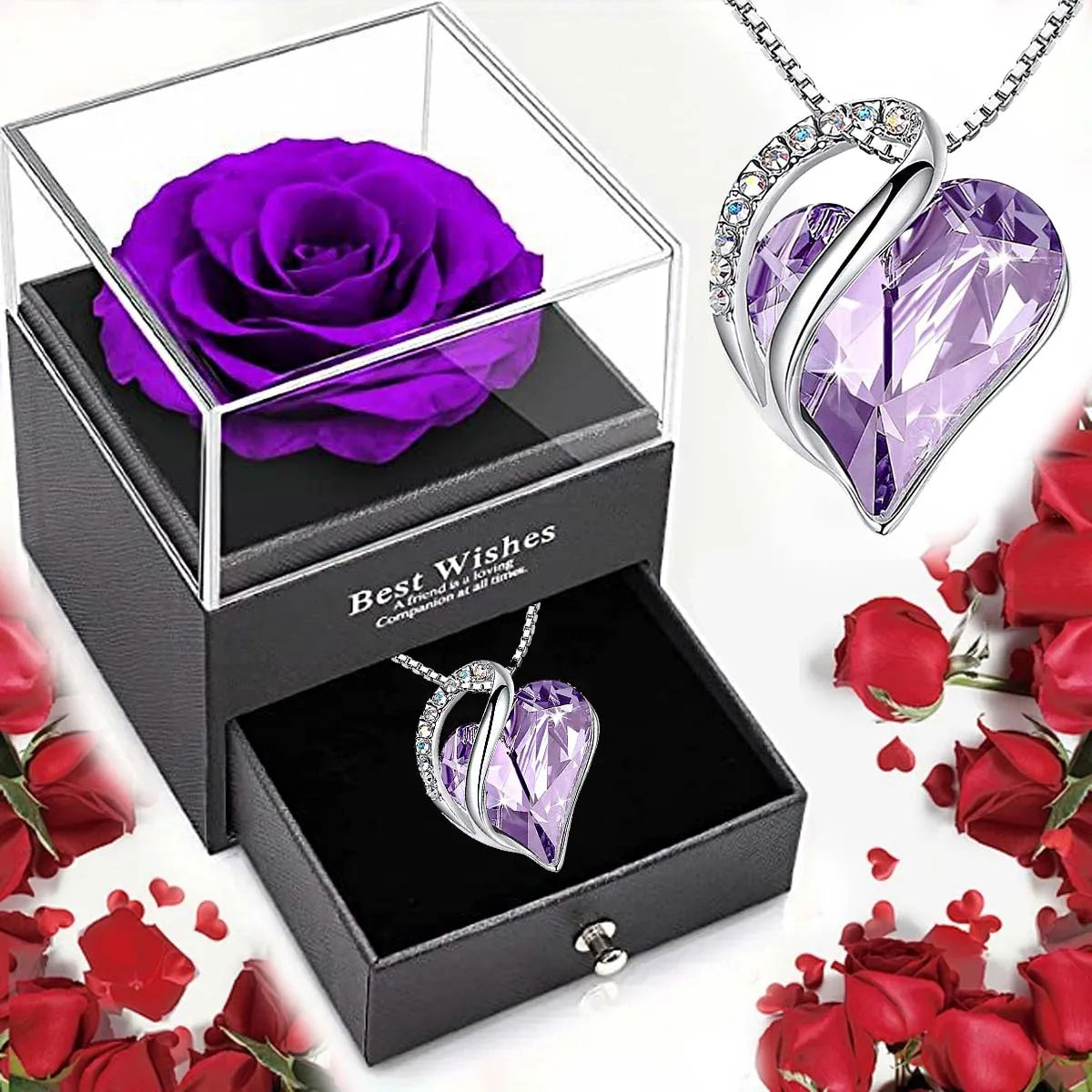 Ocean Heart Pendant Necklace with Eternal Rose Gift Box