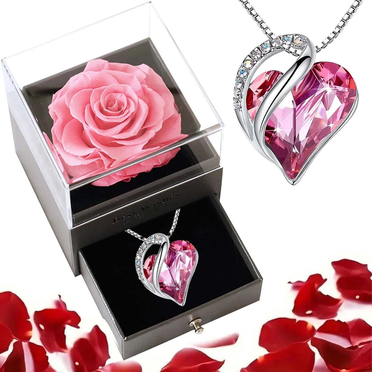 Ocean Heart Pendant Necklace with Eternal Rose Gift Box