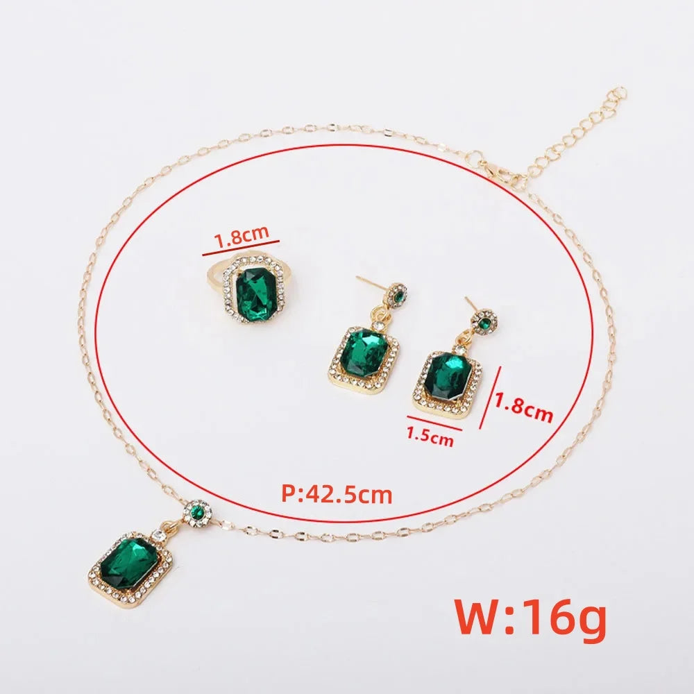 Exquisite Quadrate Rhinestone Necklace Earrings & Ring Jewellery Set
