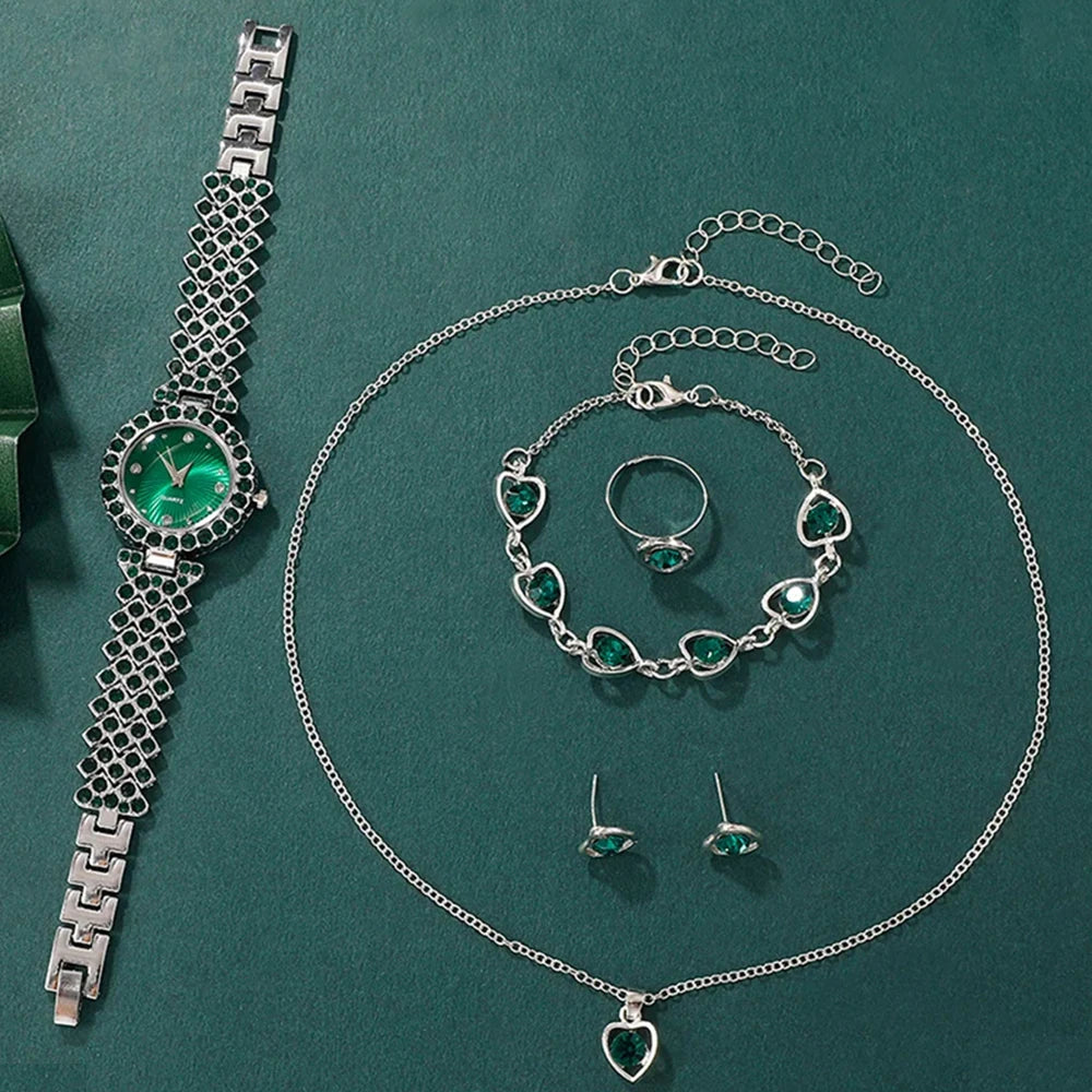 Luxury Women's Quartz Watch & Heart Rhinestone Jewellery Set
