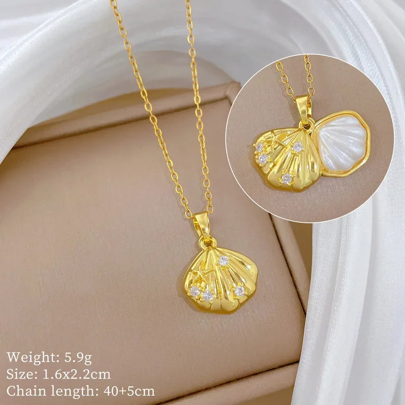 Luxury Stainless Steel Peach Heart Pearl Oyster Pendant Necklace