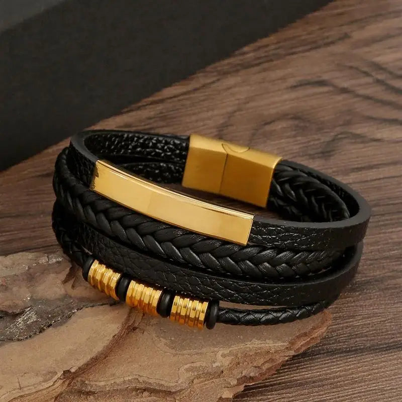 Men's Hand-Woven Multi-Layer Leather Bracelet with Magnetic Clasp