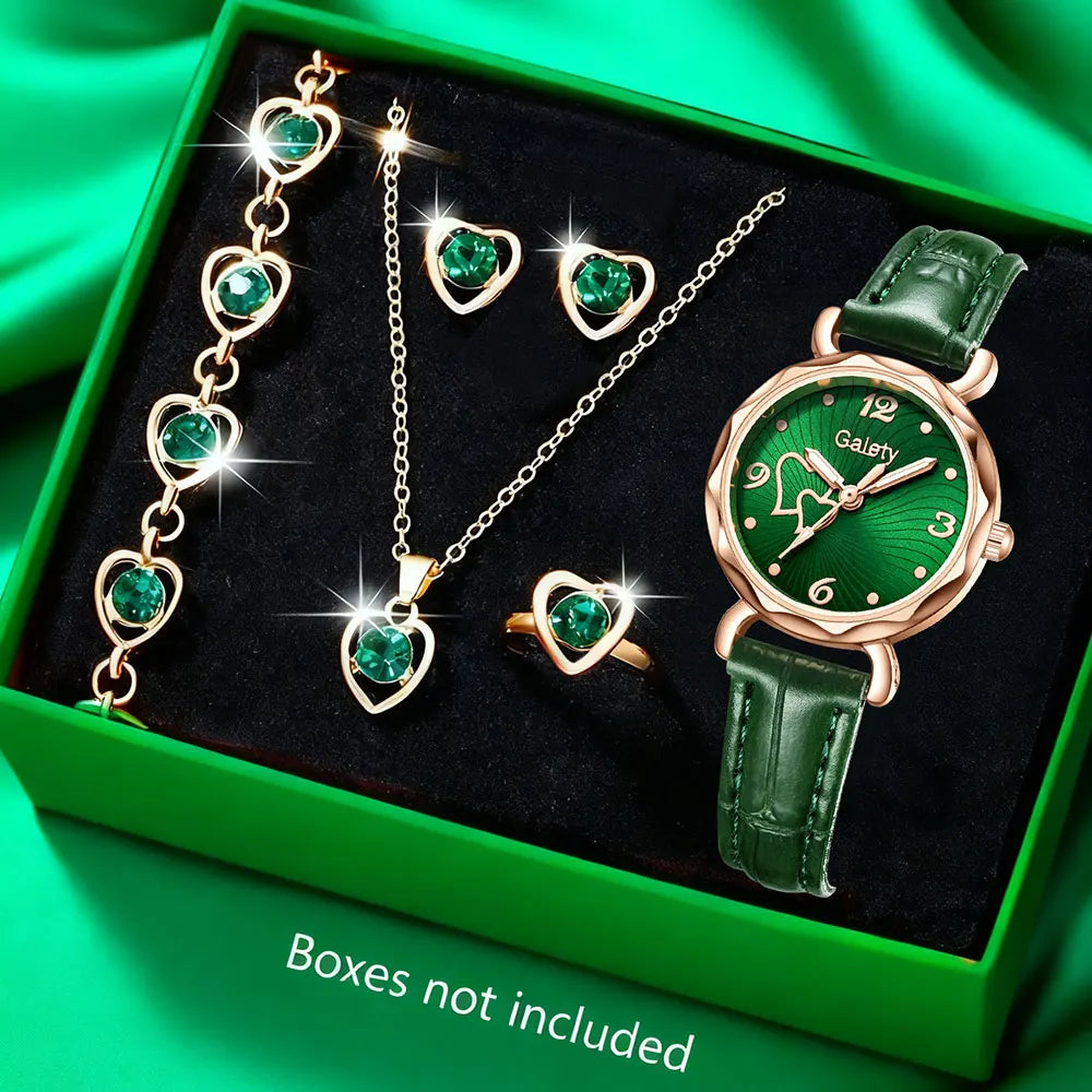 Luxury Women's Quartz Watch & Heart Rhinestone Jewellery Set