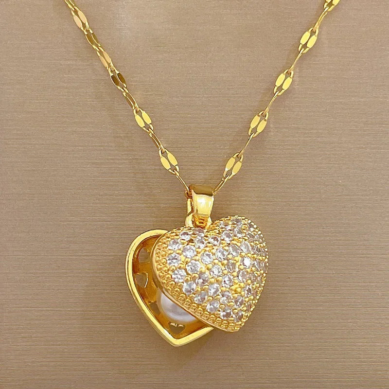 Luxury Stainless Steel Peach Heart Pearl Oyster Pendant Necklace