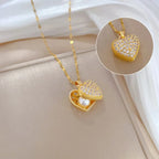Luxury Stainless Steel Peach Heart Pearl Oyster Pendant Necklace