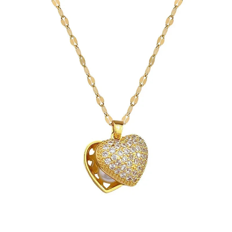 Luxury Stainless Steel Peach Heart Pearl Oyster Pendant Necklace