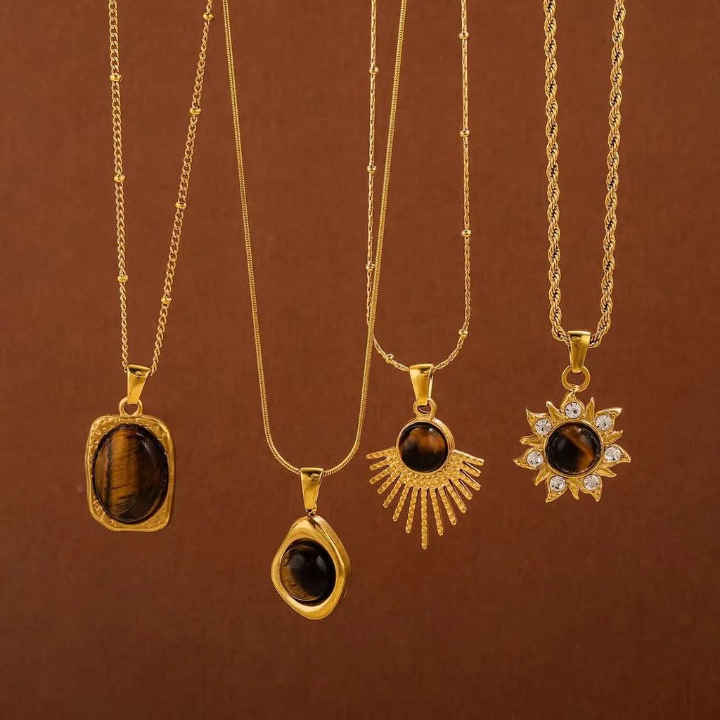 Vintage Stainless Steel Brown Tiger’s Eye Stone Pendant Necklace