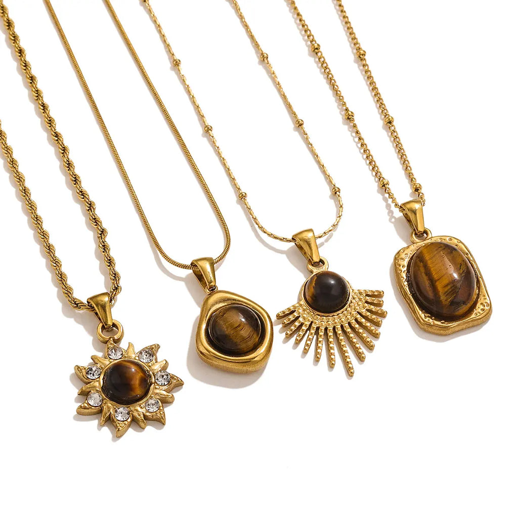 Vintage Stainless Steel Brown Tiger’s Eye Stone Pendant Necklace