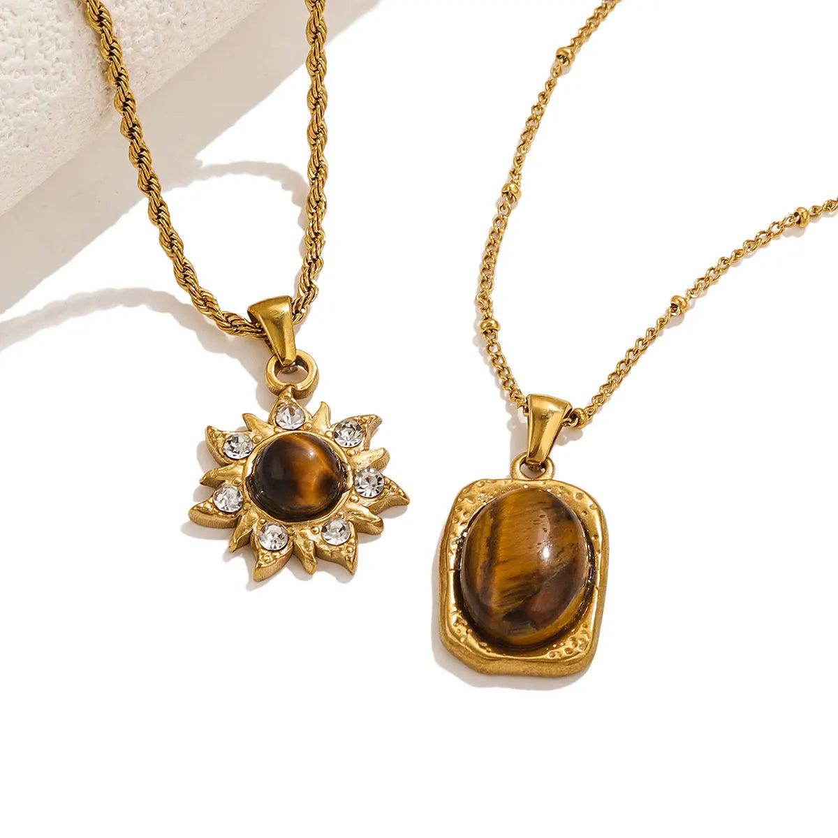 Vintage Stainless Steel Brown Tiger’s Eye Stone Pendant Necklace