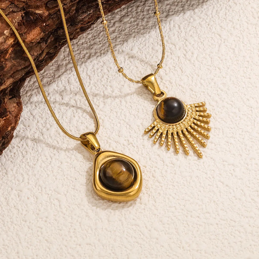 Vintage Stainless Steel Brown Tiger’s Eye Stone Pendant Necklace