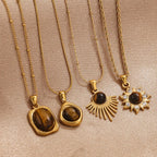 Vintage Stainless Steel Brown Tiger’s Eye Stone Pendant Necklace