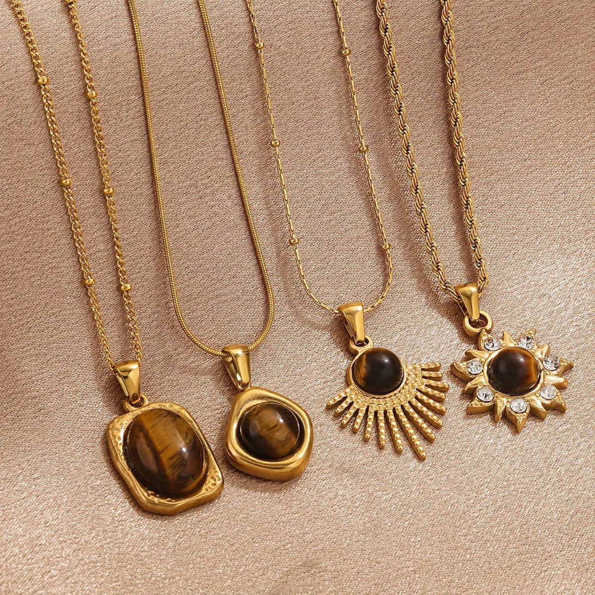 Vintage Stainless Steel Brown Tiger’s Eye Stone Pendant Necklace