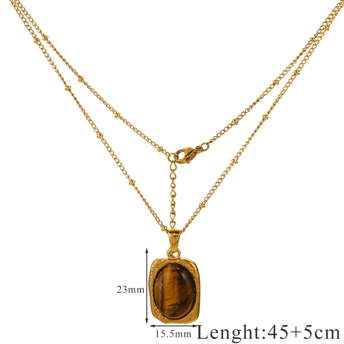 Vintage Stainless Steel Brown Tiger’s Eye Stone Pendant Necklace